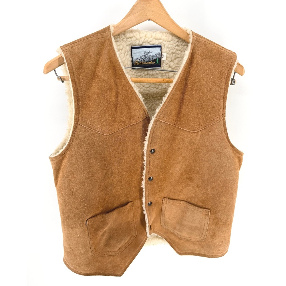 Vintage Fieldmaster Suede Leather Vest Shearling Lined Tan Western Mens Medium
